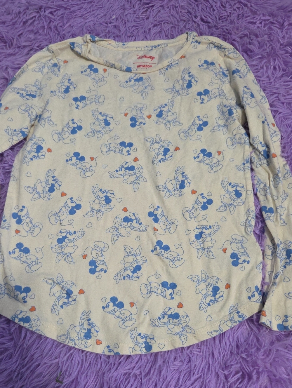 Amazon Essentials Cream Long-Sleeve Tee with Blue Mickey & Orange Hearts
